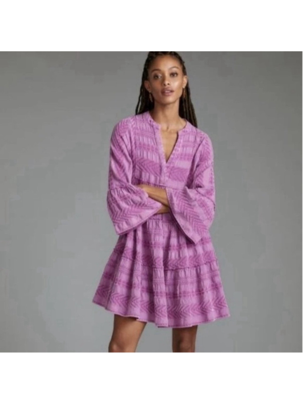 Devotion Twins Ella Embroidered Mini Dress Tiered Boho Purple Cotton Silk EUC